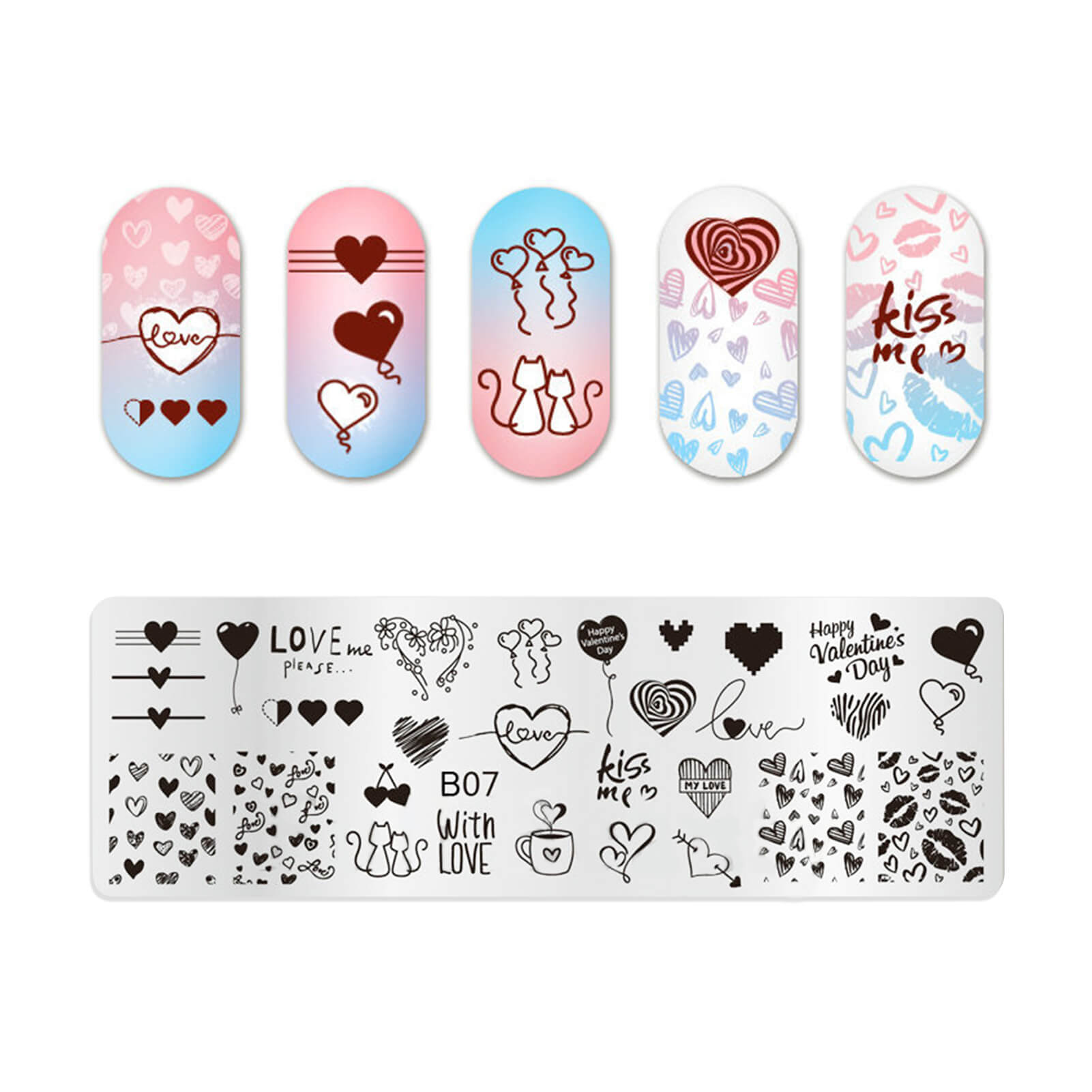 6PCS Valentine Nail Stamping Plates Kit with 1PCS Stamper & Scraper, Heart  Nail Art Stamp Templates with Heart Lips Diamond Love Design for DIY